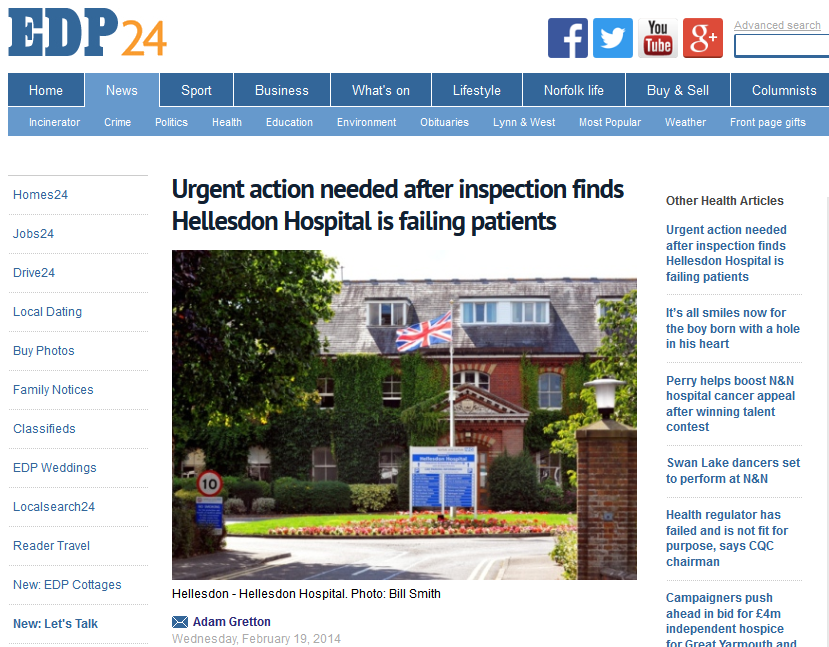 EDP Urgent action needed after inspection finds Hellesdon Hospital is failing patients