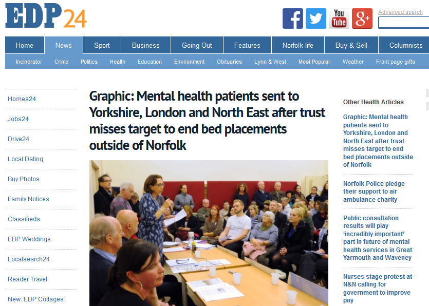 EDP Graphic Mental health patients sent to Yorkshire, London and North East after trust misses target to end bed placements outside of Norfolk