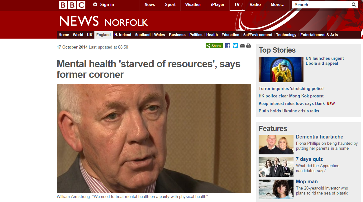 BBC News - Mental health 'starved of resources', says former coroner