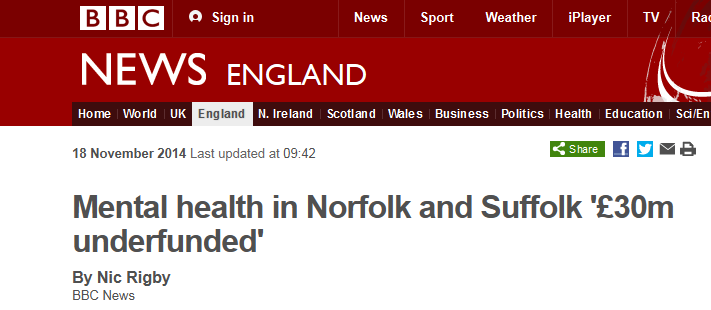 BBC News Mental health in Norfolk and Suffolk £30m underfunded