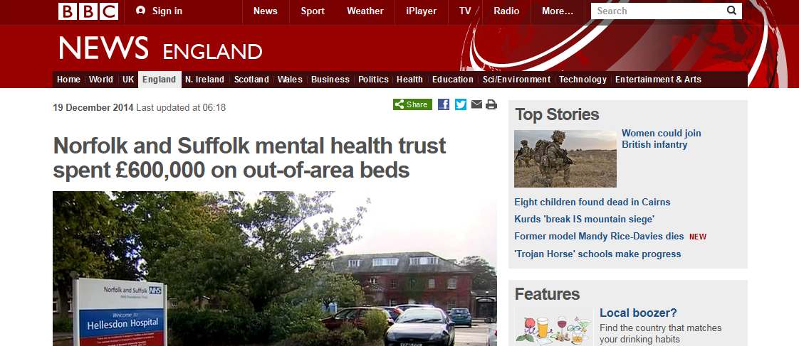 BBC News Norfolk and Suffolk mental health trust spent £600,000 on out-of-area beds