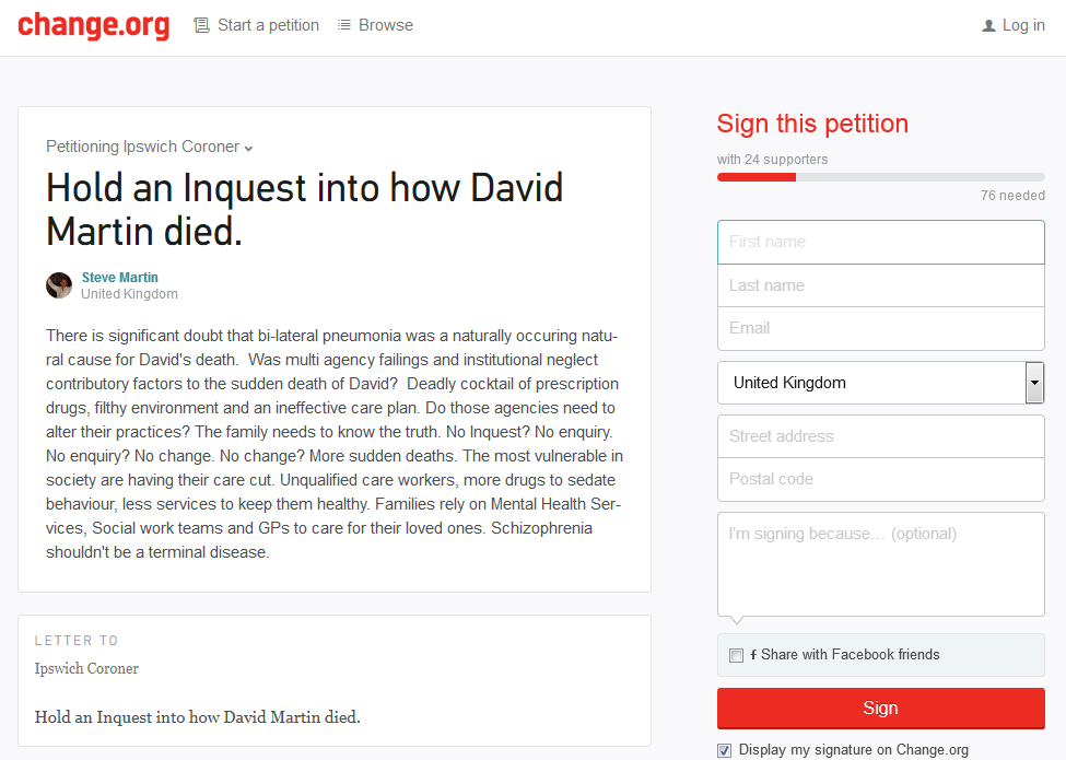 Petition asking Ipswich Coroner to hold an inquest into the death of David Martin