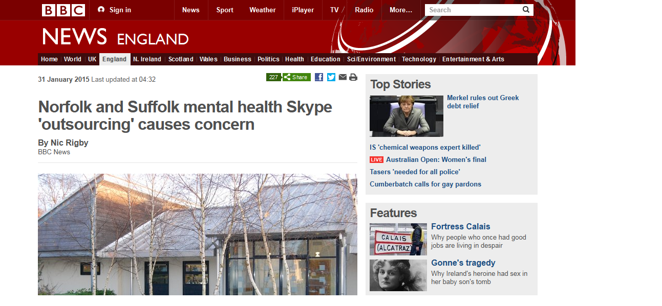 BBC News Norfolk and Suffolk mental health Skype 'outsourcing' causes concern