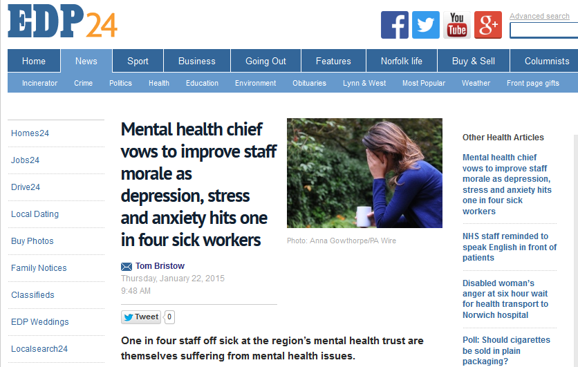 EDP Mental health chief vows to improve staff morale as depression, stress and anxiety hits one in four sick workers