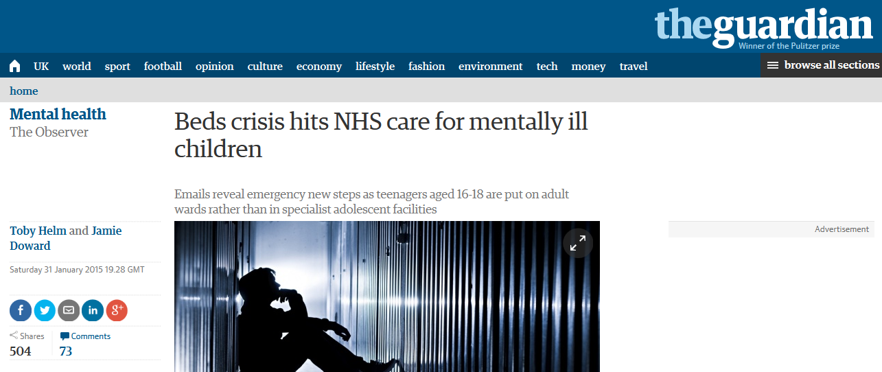 Observer Beds crisis hits NHS care for mentally ill children