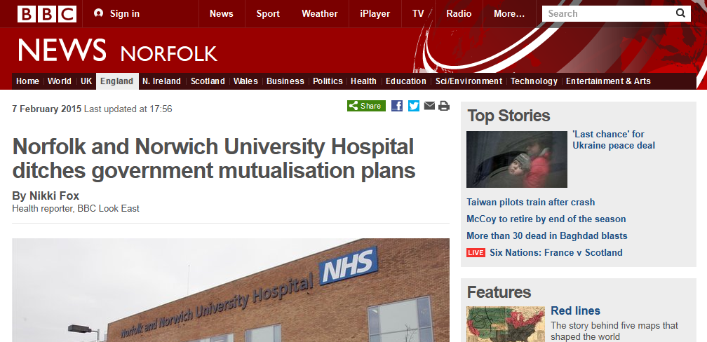 BBC Norfolk and Norwich University Hospital ditches government mutualisation plans