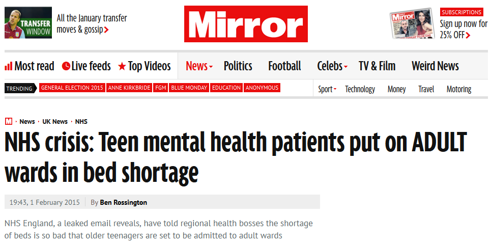 Mirror NHS crisis Teen mental health patients put on ADULT wards in bed shortage