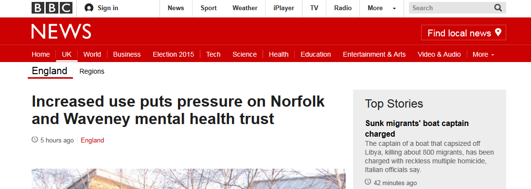 BBC News Increased use puts pressure on Norfolk and Waveney mental health trust