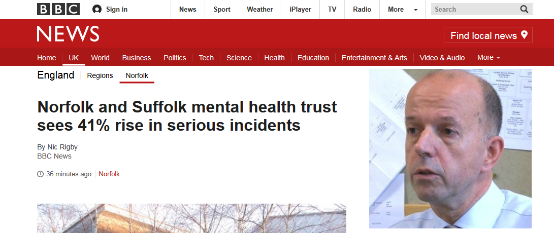 BBC News Norfolk and Suffolk mental health trust sees 41pc rise in serious incidents