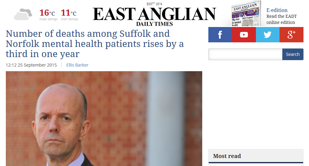 EADT Number of deaths among Suffolk and Norfolk mental health patients rises by a third in one year