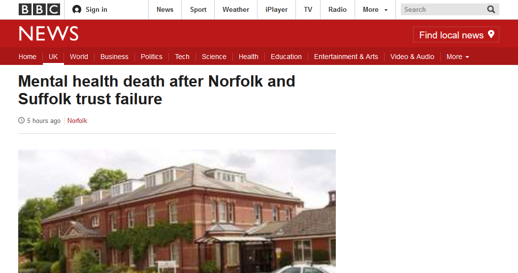 BBC News - Mental health death after Norfolk and Suffolk trust failure