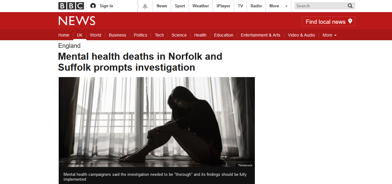 BBC News Mental health deaths in Norfolk and Suffolk prompts investigation