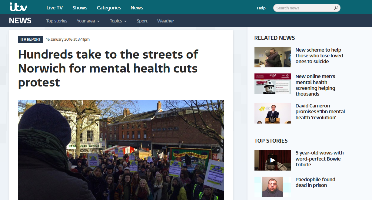 itv NEWS Anglia Hundreds take to the streets of Norwich for mental health cuts protest