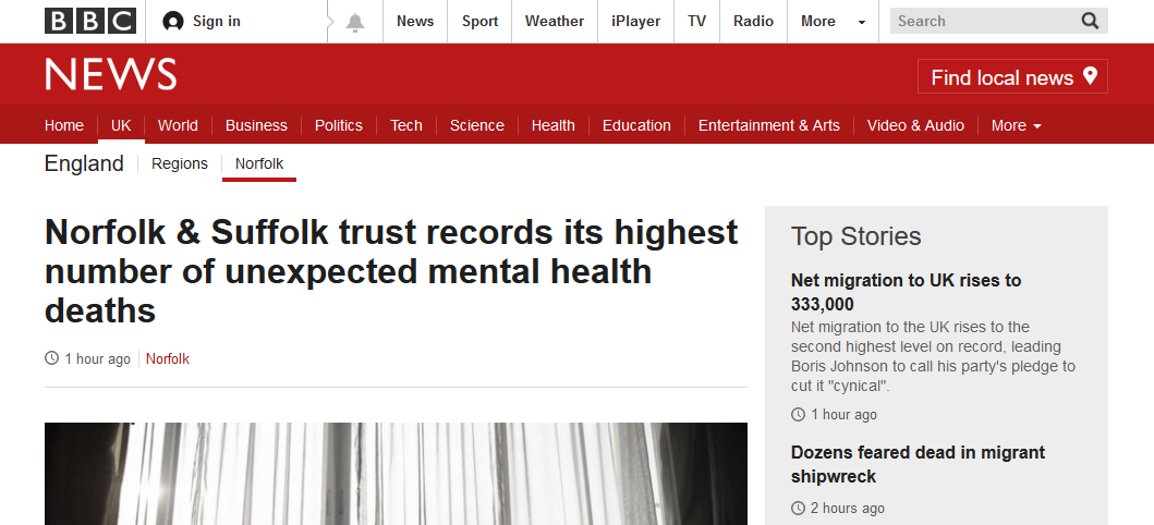 BBC News Norfolk and Suffolk trust records its highest number of unexpected mental health deaths