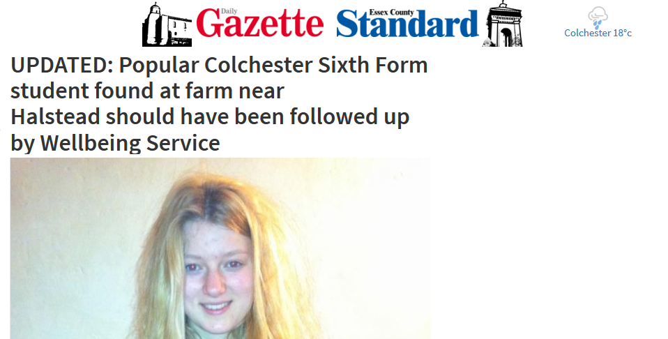UPDATED Popular Colchester Sixth Form student should have been followed up by Wellbeing Service edit