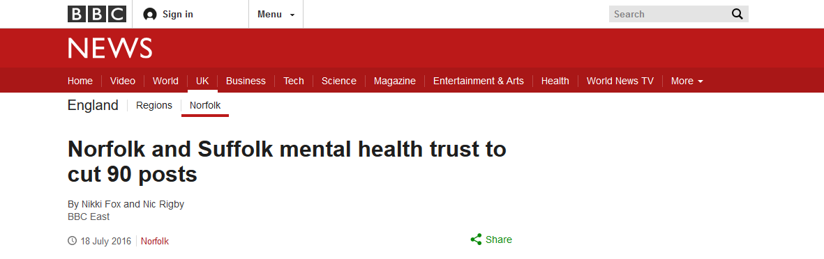 BBC News Norfolk and Suffolk mental health trust to cut 90 posts