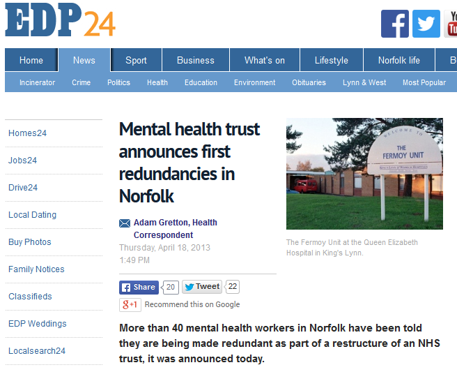 EDP Mental health trust announces first redundancies in Norfolk
