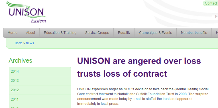 UNISON are angered over loss trusts loss of contract