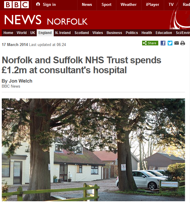 BBC Norfolk and Suffolk NHS Trust spends £1.2m at consultants hospital