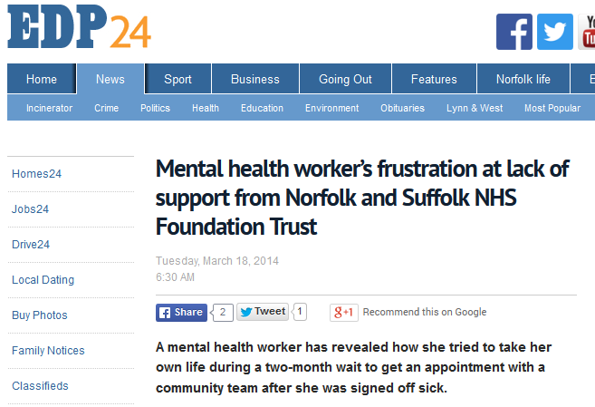 EDP Mental health workers frustration at lack of support from Norfolk and Suffolk NHS Foundation Trust