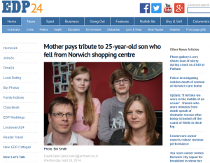 EDP: Mother pays tribute to 25-year-old son who fell from Norwich shopping centre