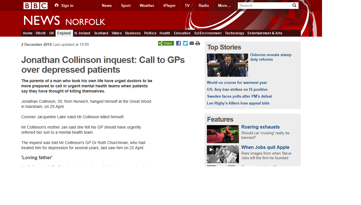BBC News Jonathan Collinson inquest Call to GPs over depressed patients