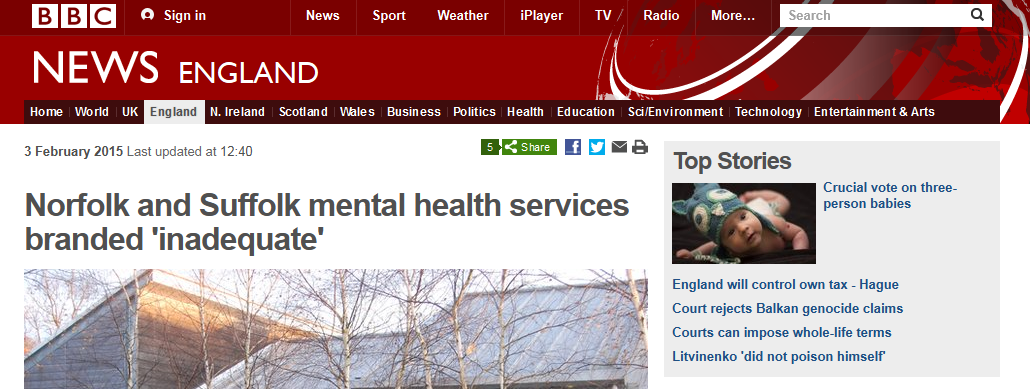 BBC Norfolk and Suffolk mental health services branded 'inadequate'