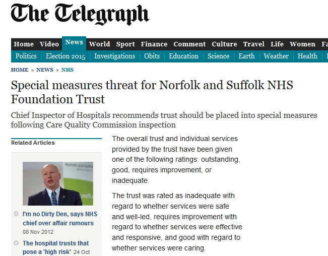Daily Telegraph Special measures threat for Norfolk and Suffolk NHS Foundation Trust