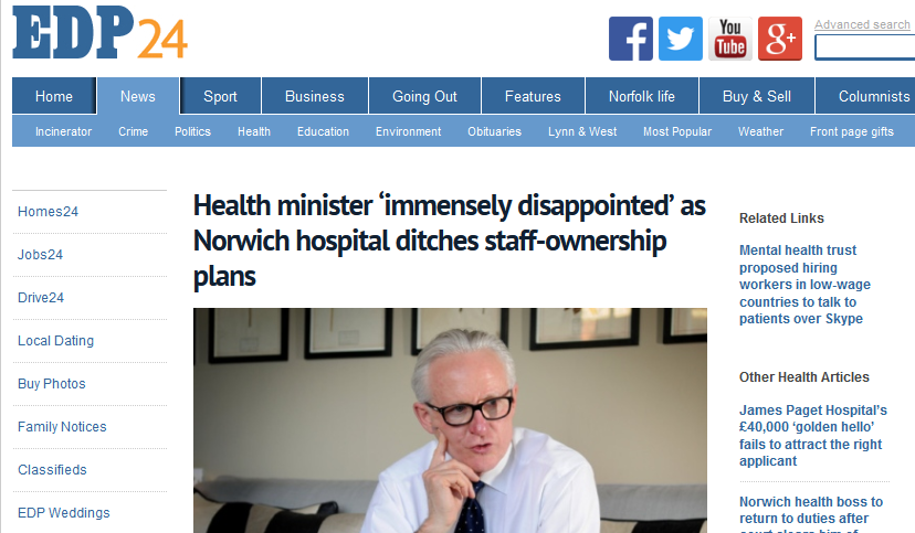 EDP Health minister ‘immensely disappointed’ as Norwich hospital ditches staff-ownership plans
