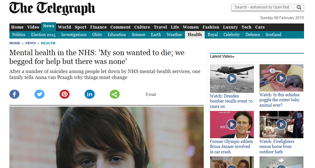 Sunday Telegraph Mental health in the NHS 'My son wanted to die; we begged for help but there was none'