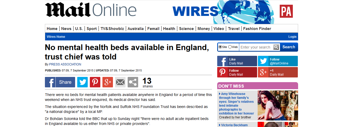 Daily Mail No mental health beds available in England, trust chief was told
