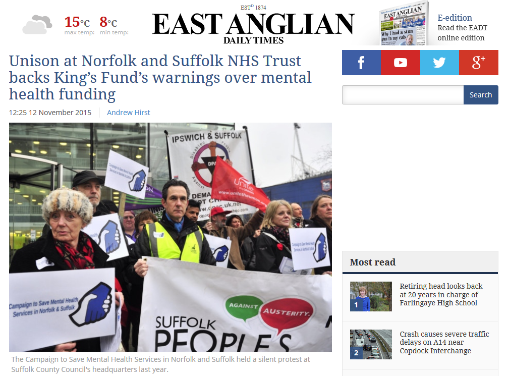 EADT Unison at Norfolk and Suffolk NHS Trust backs Kings Fund warnings over mental health funding