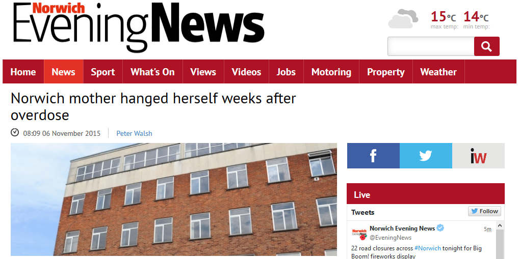 Norwich Evening News Norwich mother hanged herself weeks after overdose