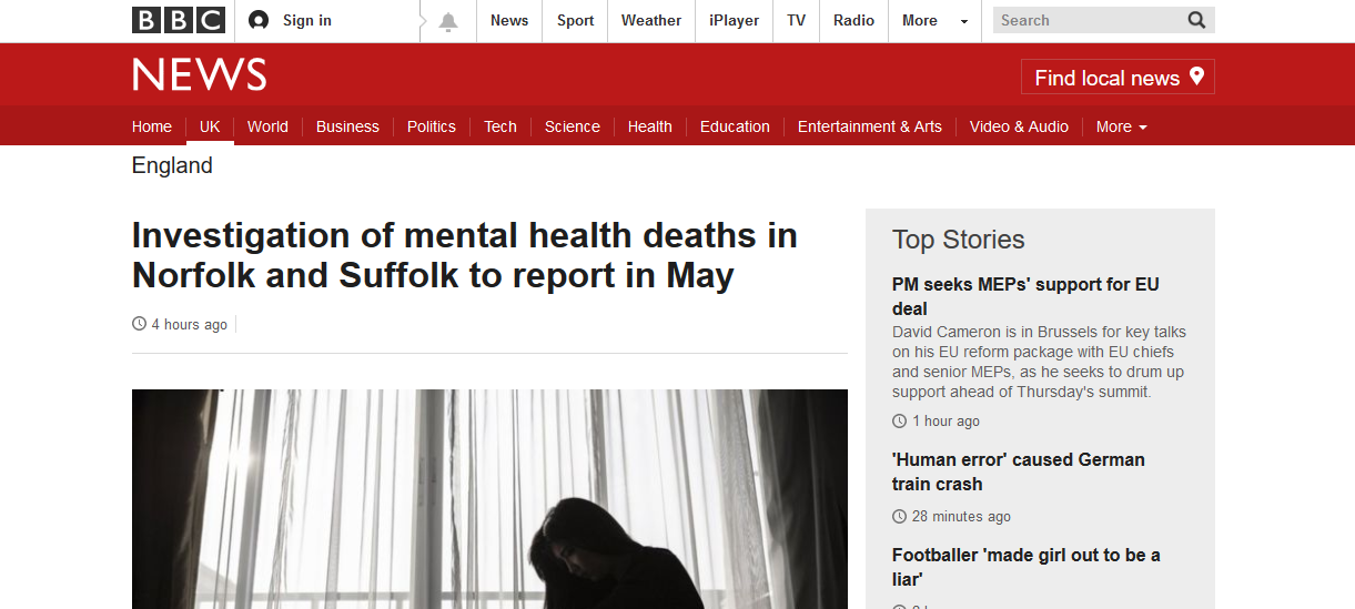 BBC News Investigation of mental health deaths in Norfolk and Suffolk to report in May