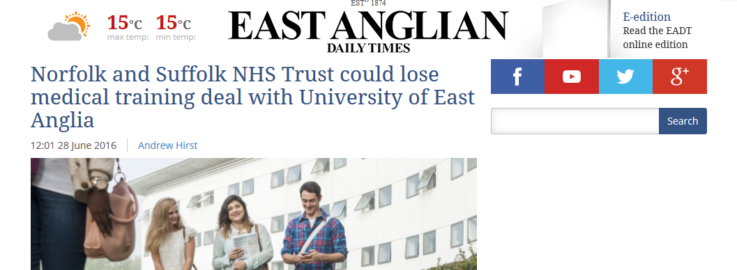 EADT Norfolk and Suffolk NHS Trust could lose medical training deal with University of East Anglia