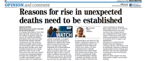 EDP: Letter: Reasons for rise in unexpected deaths need to be established