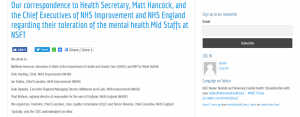 Our correspondence to Health Secretary, Matt Hancock, and the Chief Executives of NHS Improvement and NHS England regarding their toleration of the mental health Mid Staffs at NSFT